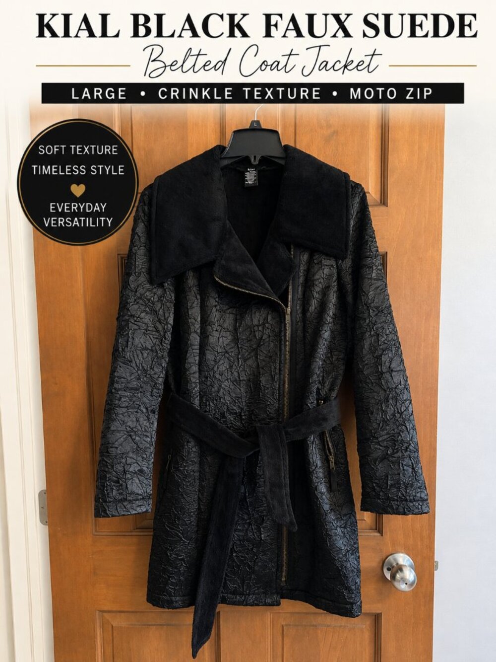 Kial Black Crinkle Faux Suede Belted Moto Coat Jacket Size L